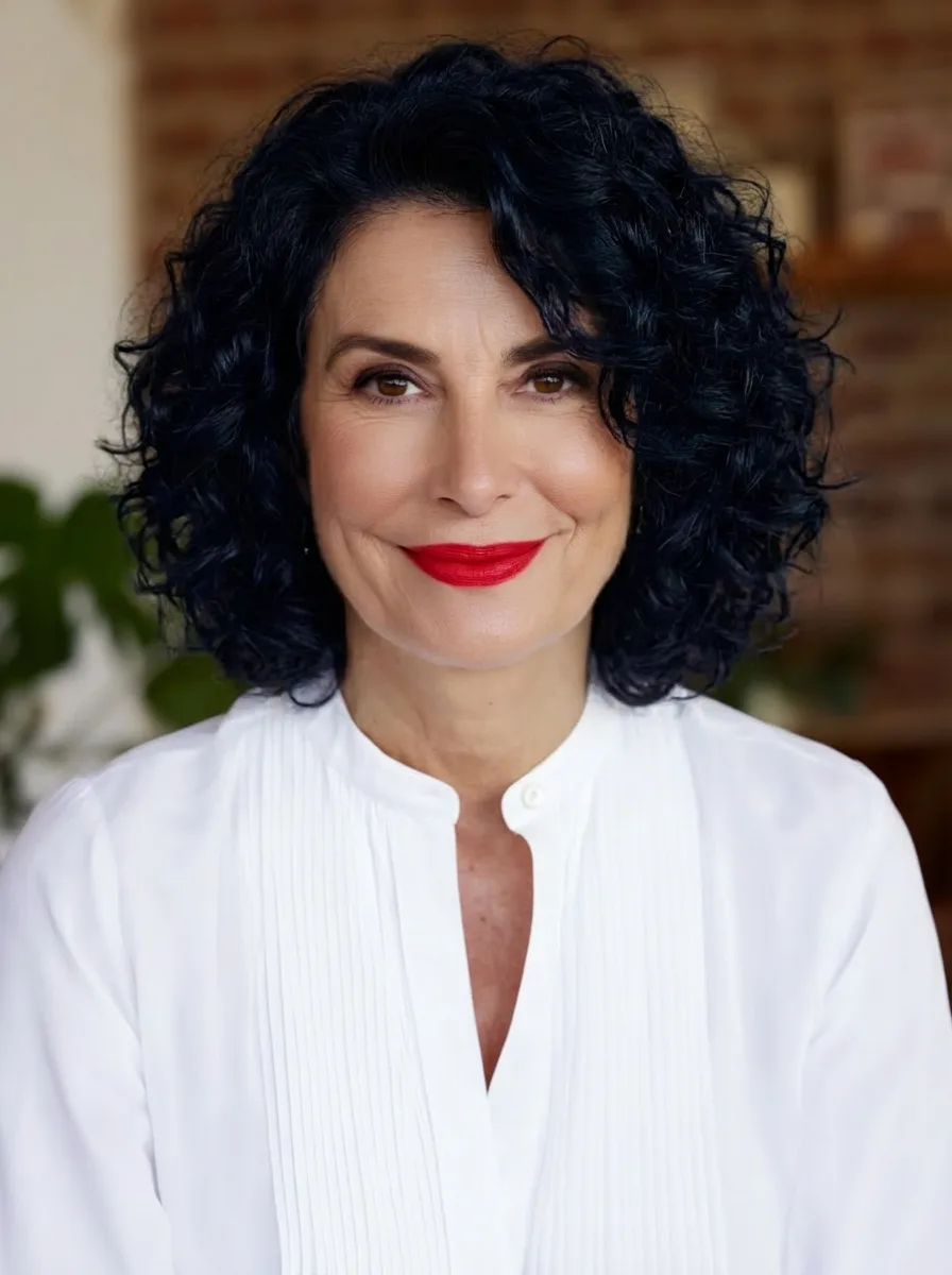 Voluminous Curly Bob in Glossy Deep Navy Black